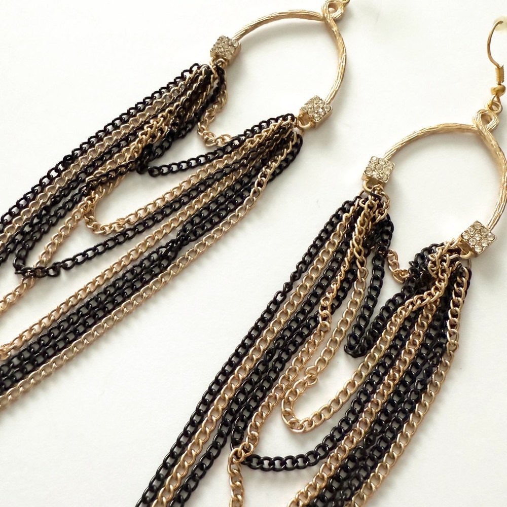 Vintage Style Two Toned Gold & Black Metal Long Dangling Chain Hoop Earrings - Picture 3 of 7